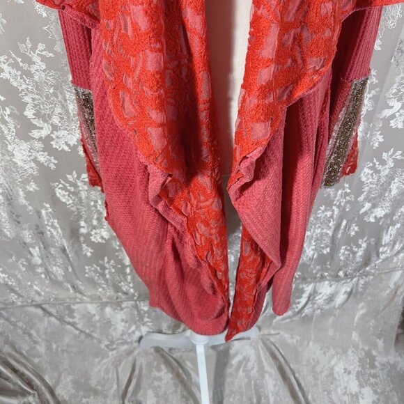 Aratta Silent Journey Waterfall Waffle Knit Open Cardigan Beading Boho Size M - Picture 3 of 10